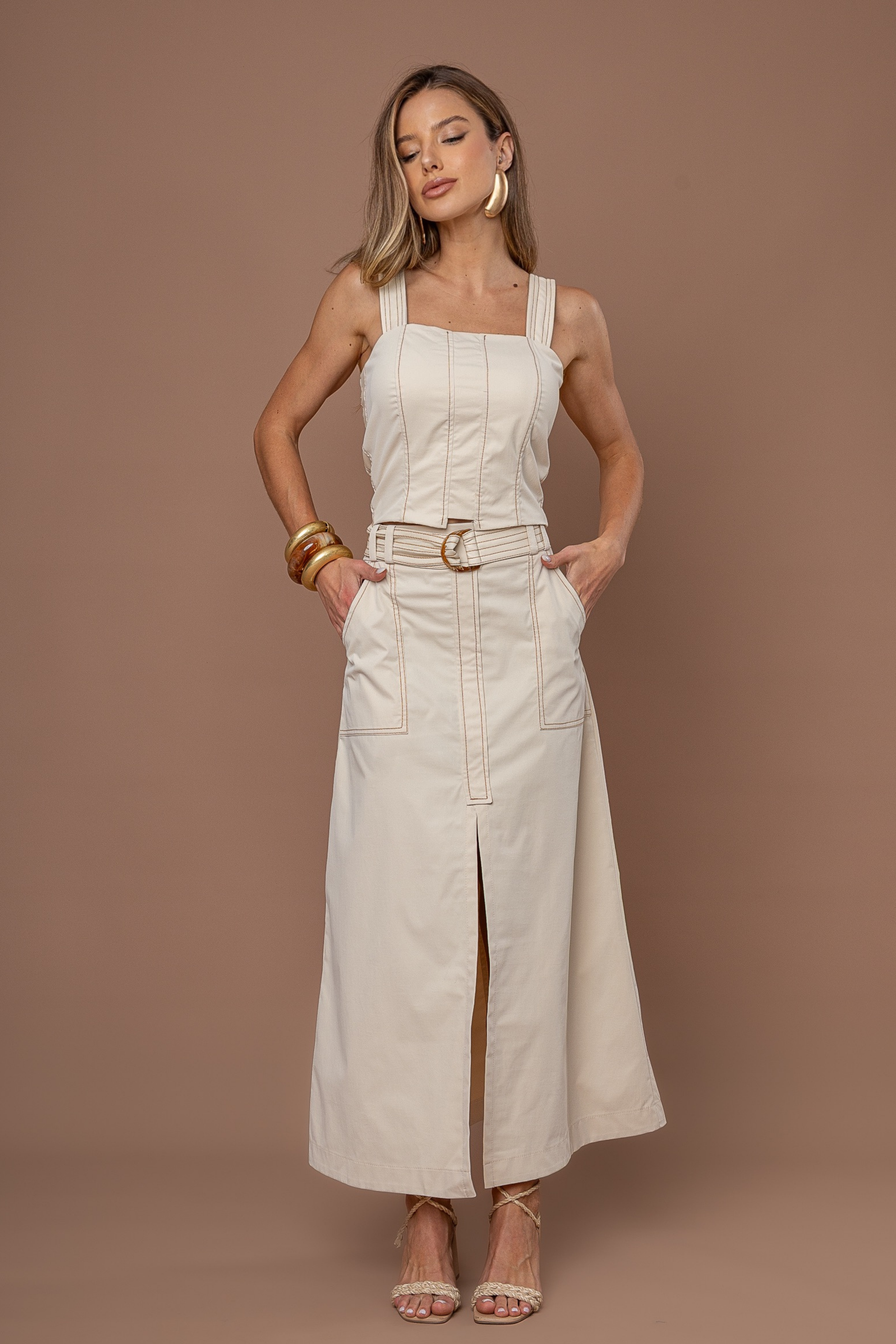 Saia de sarja longa com cinto