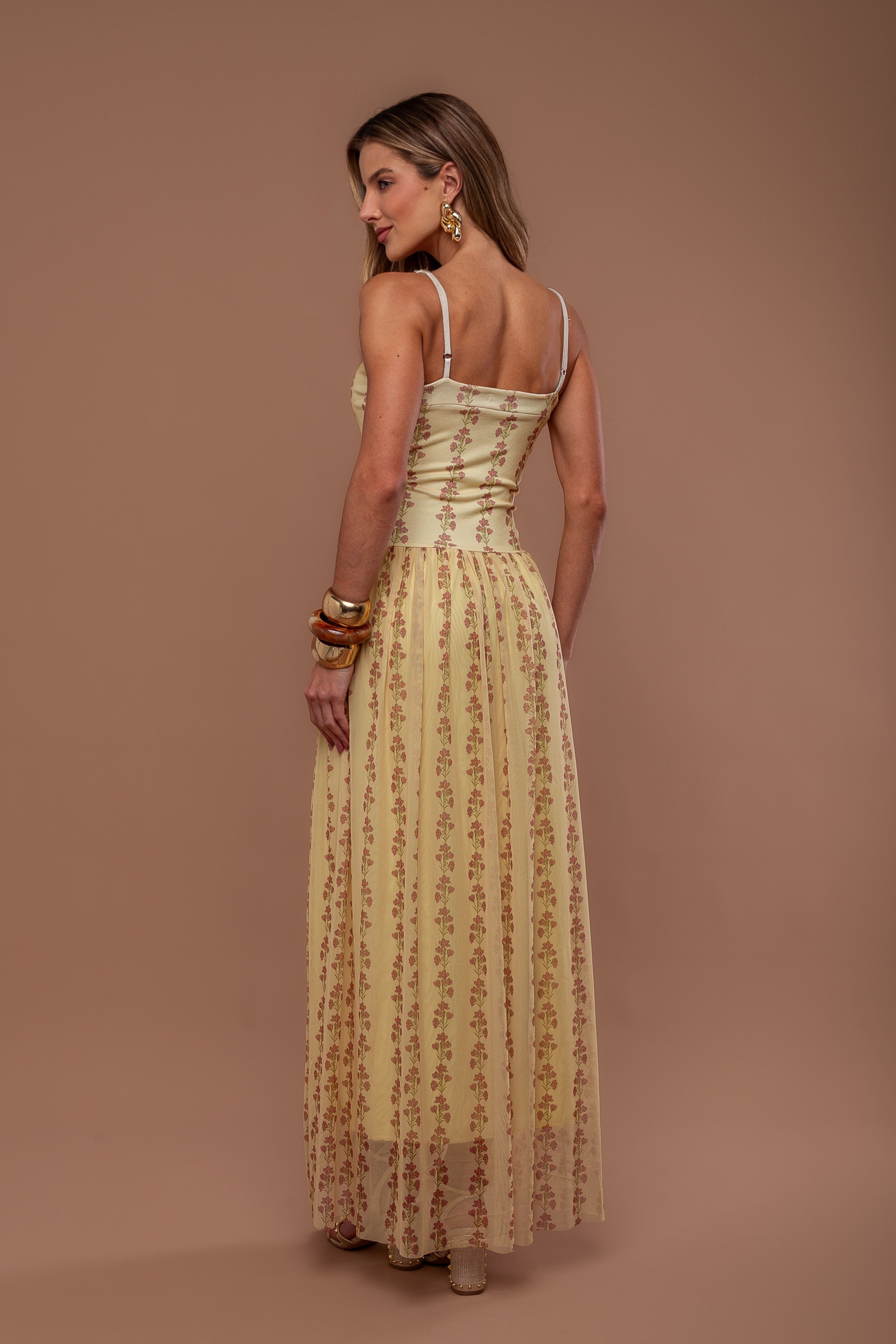 VESTIDO LONGO RIB COM TULE ESTAMPADO