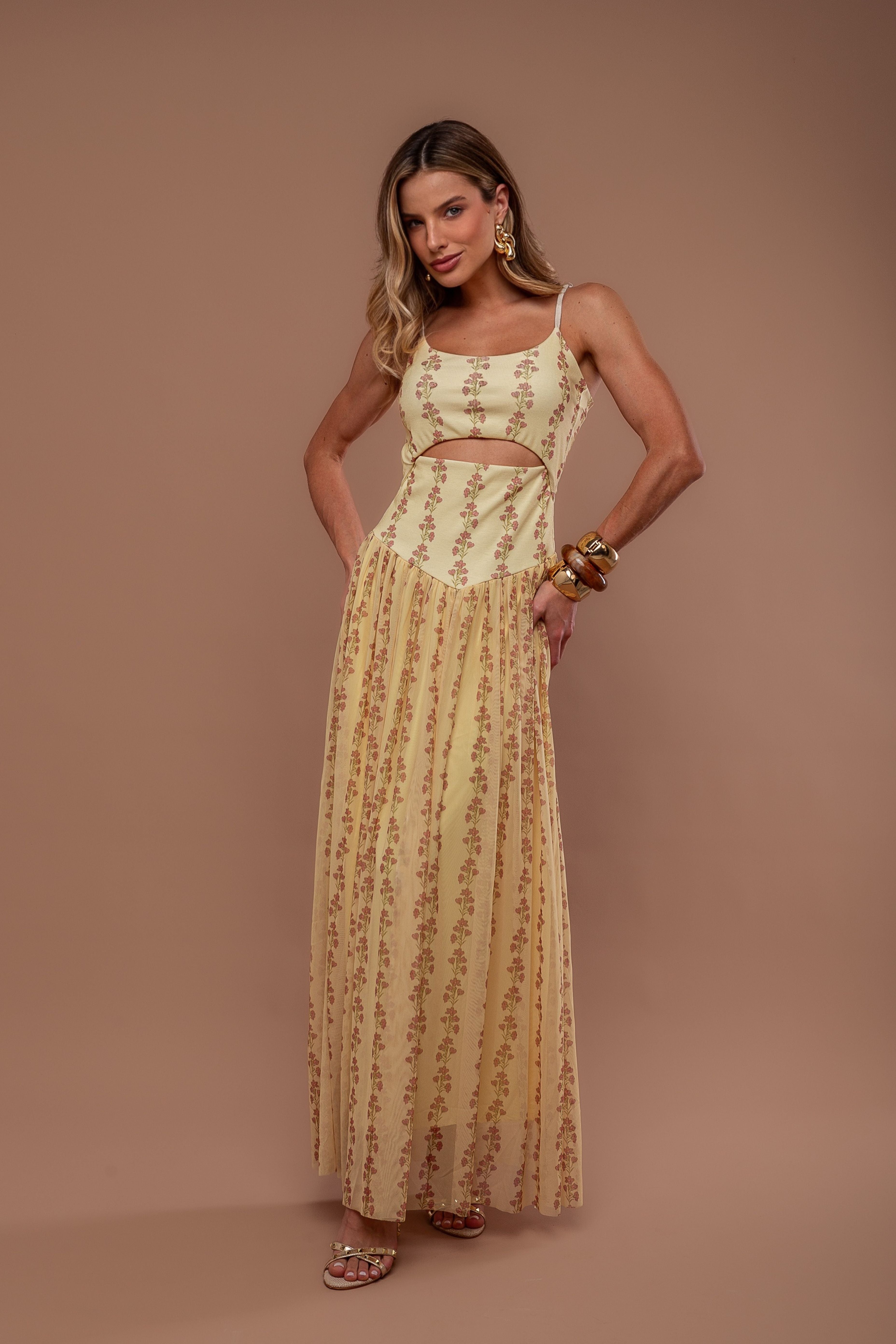 VESTIDO LONGO RIB COM TULE ESTAMPADO