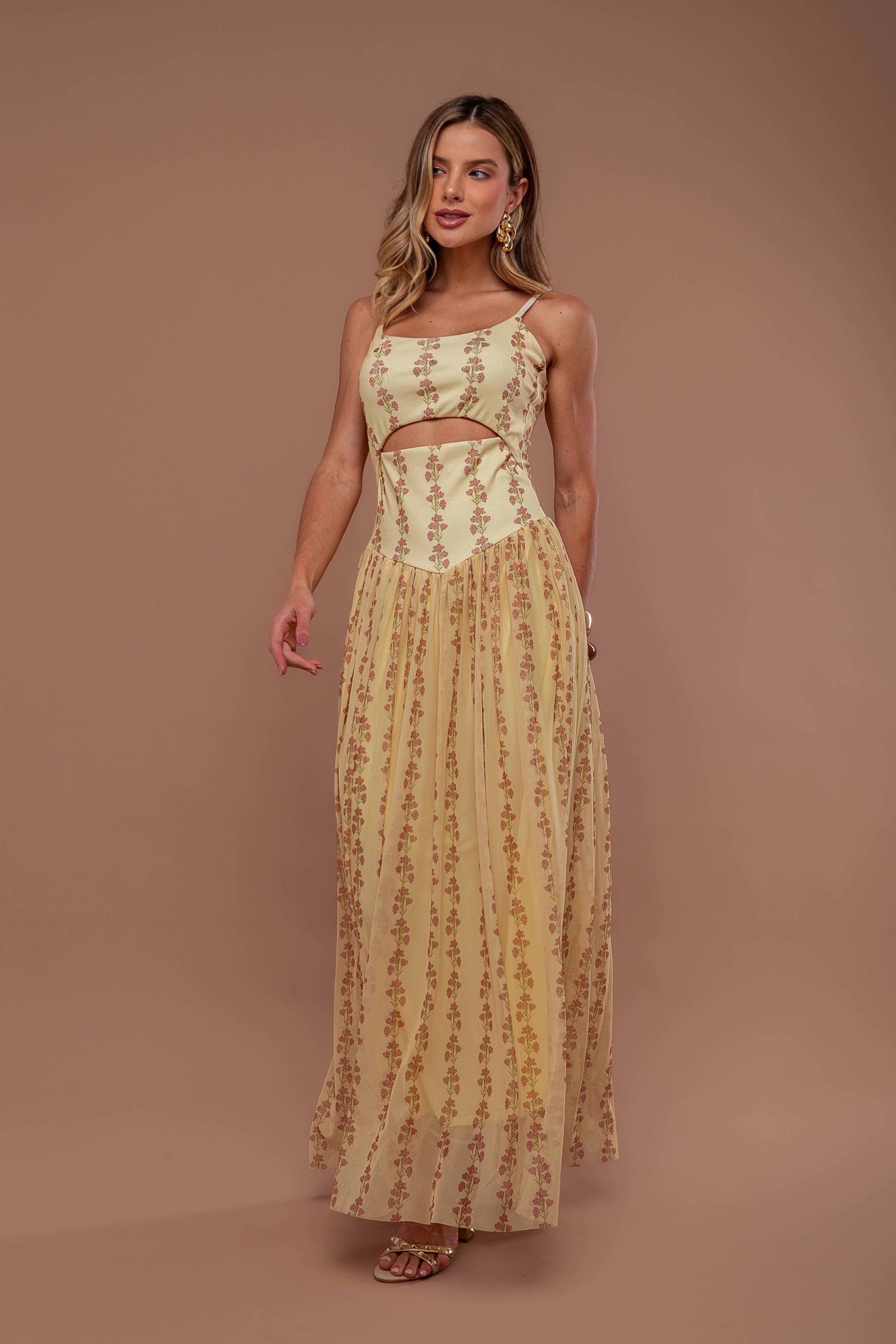 VESTIDO LONGO RIB COM TULE ESTAMPADO