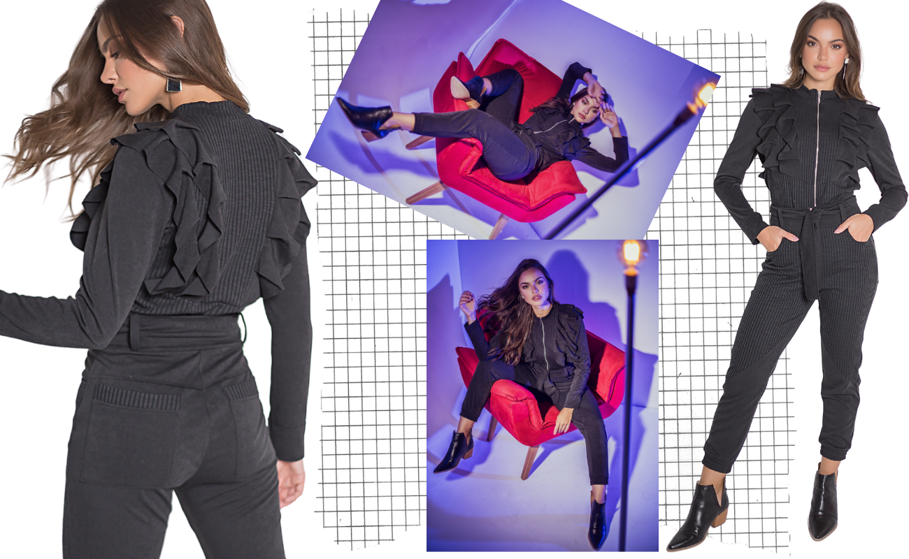 Jaqueta com babados e calça jogging em moletinho