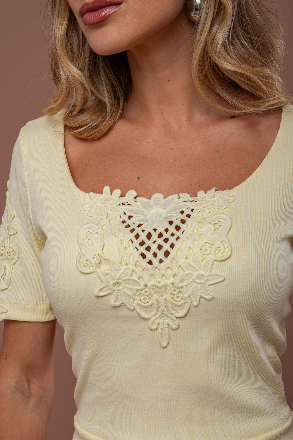 BLUSA RIB COM PALA RENDA DECOTE E MANGA