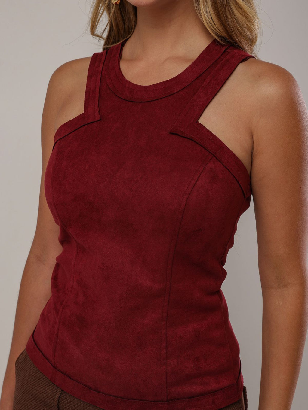 Kit Conjunto Feminino Suede Regata Cava À Fio + Calça Wide Leg Elástico Luxo