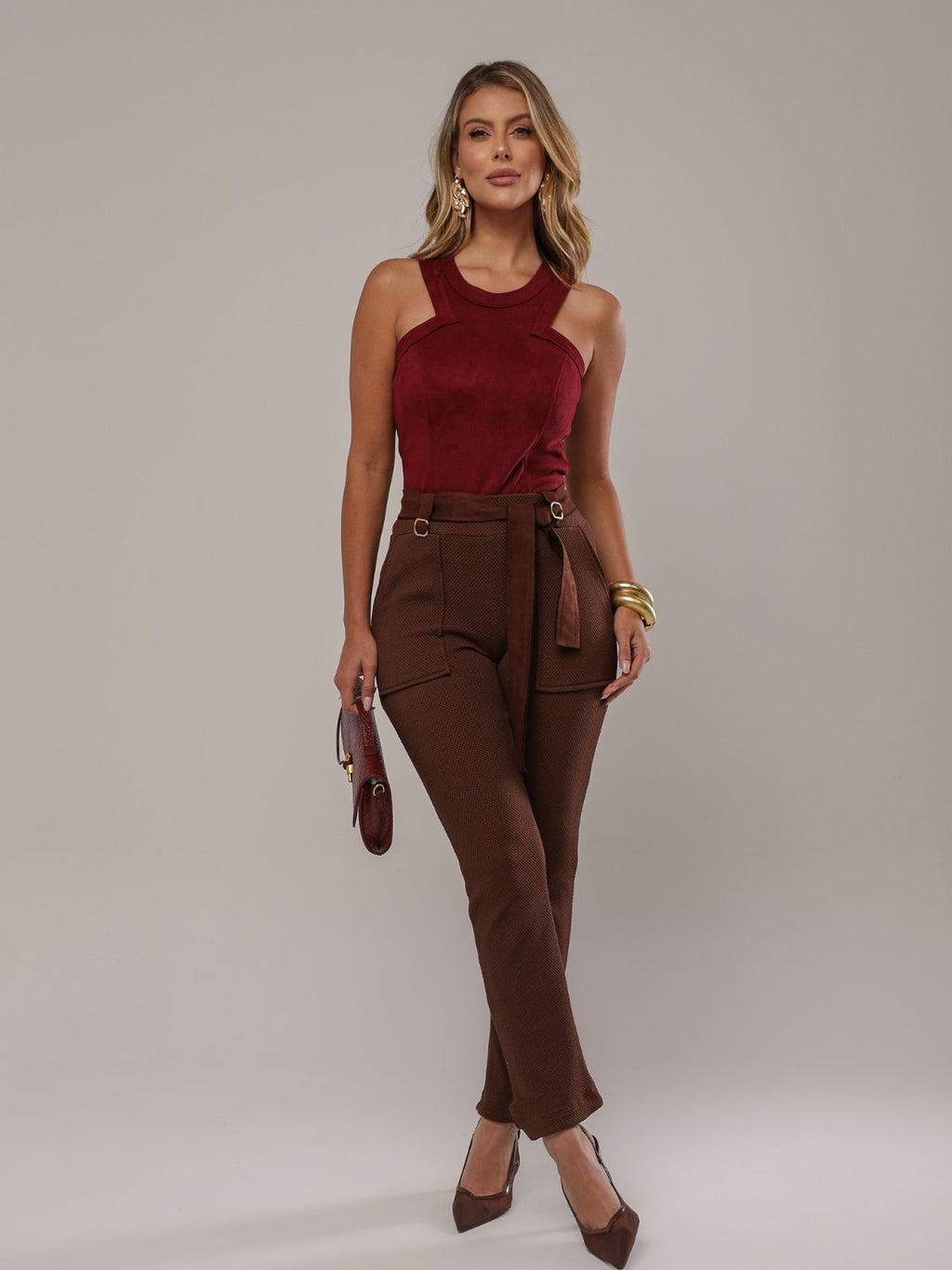 Kit Conjunto Feminino Suede Regata Cava À Fio + Calça Wide Leg Elástico Luxo
