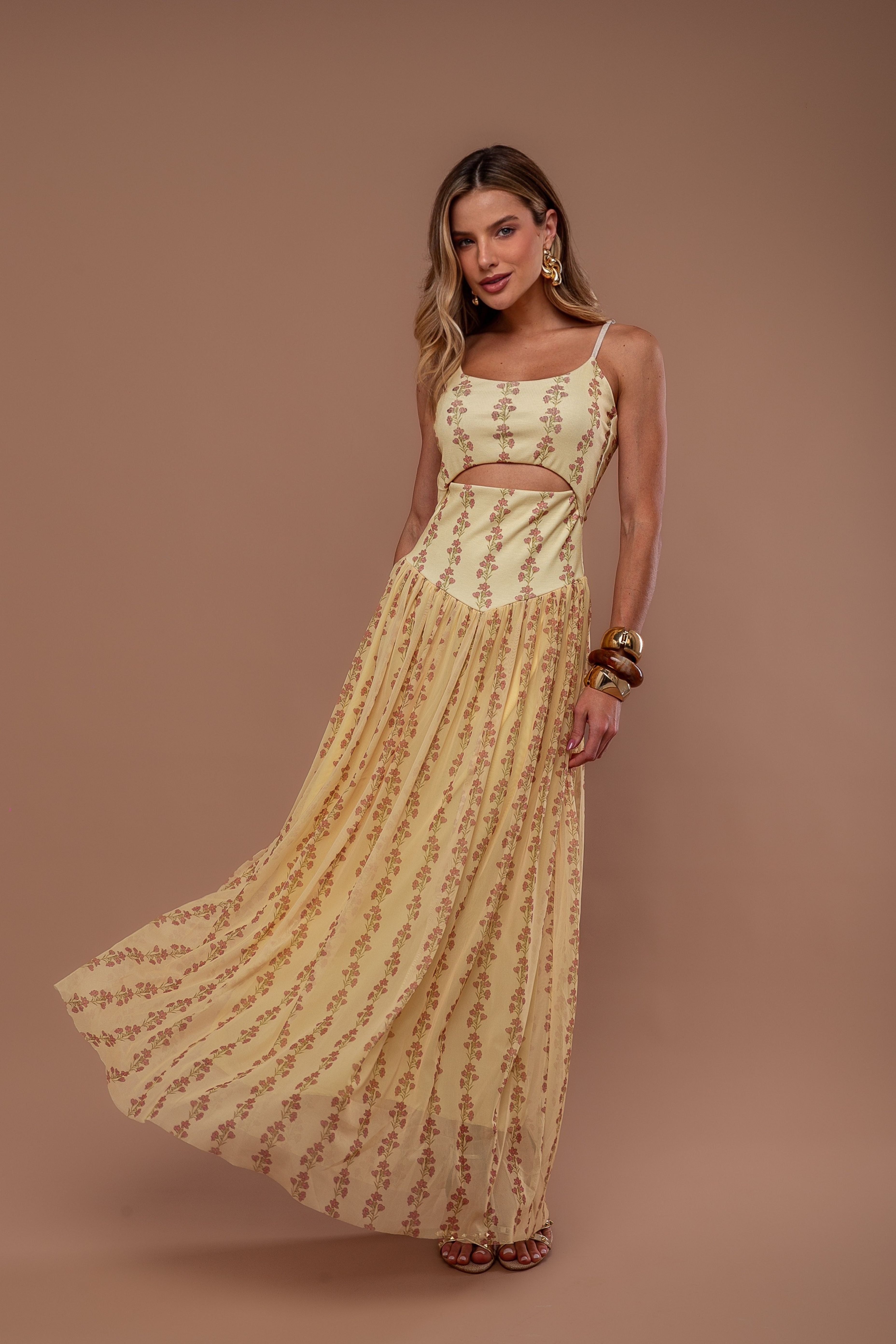 VESTIDO LONGO RIB COM TULE ESTAMPADO