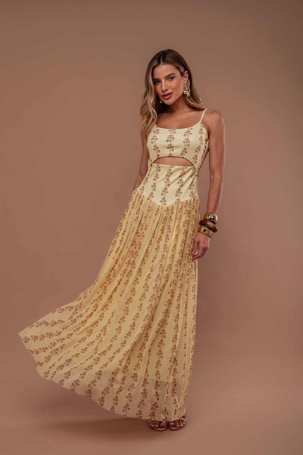 VESTIDO LONGO RIB COM TULE ESTAMPADO