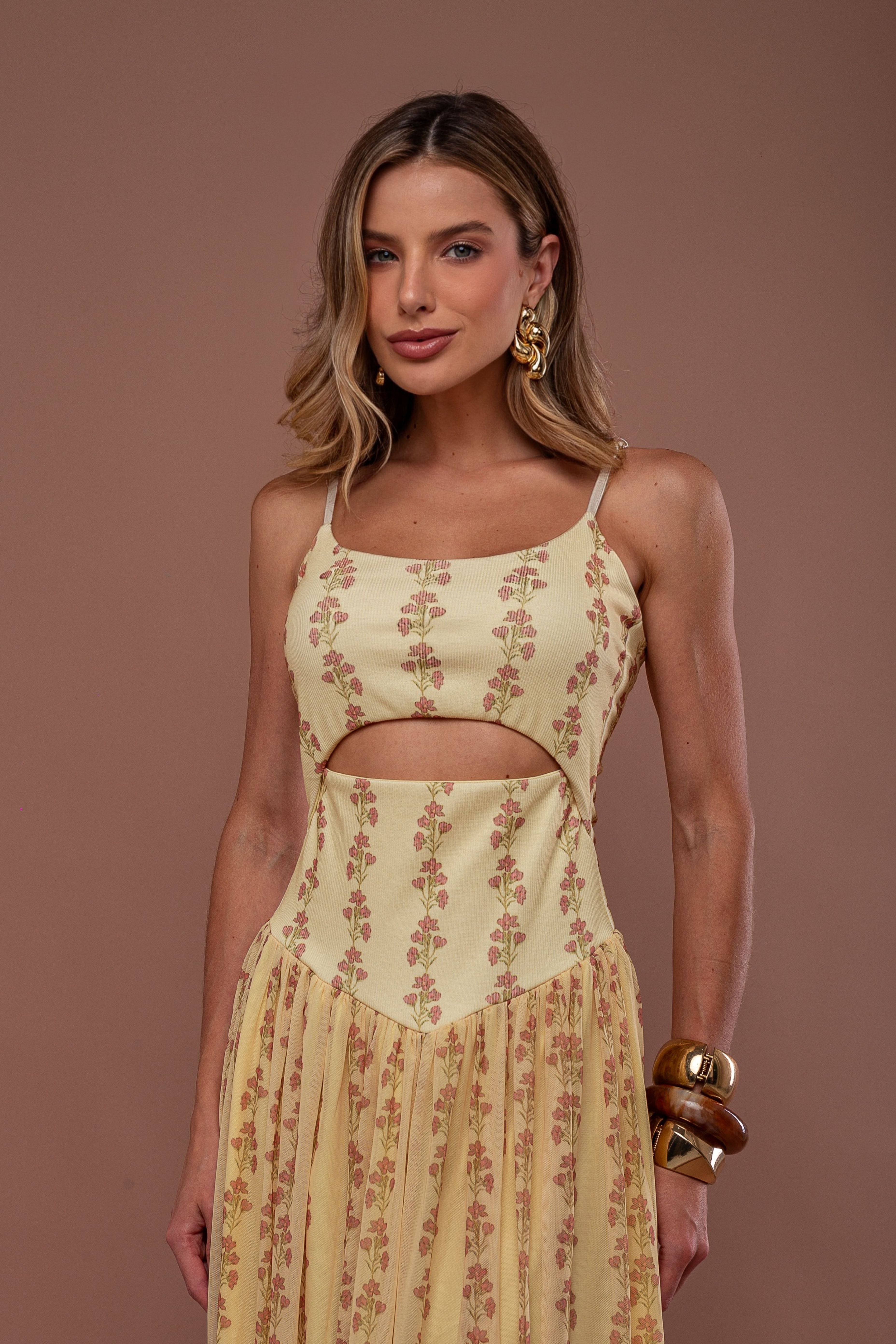 VESTIDO LONGO RIB COM TULE ESTAMPADO