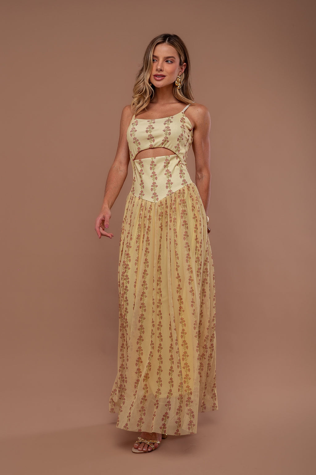 VESTIDO LONGO RIB COM TULE ESTAMPADO