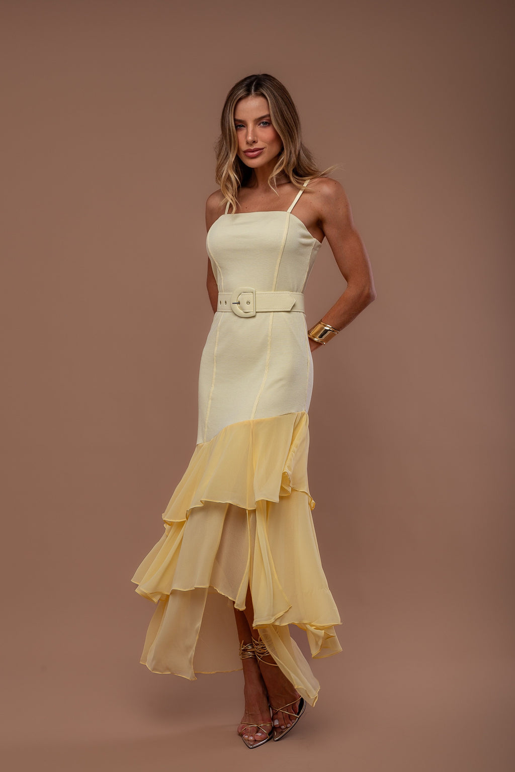 VESTIDO EM RIB E CHIFFON COM BABADOS