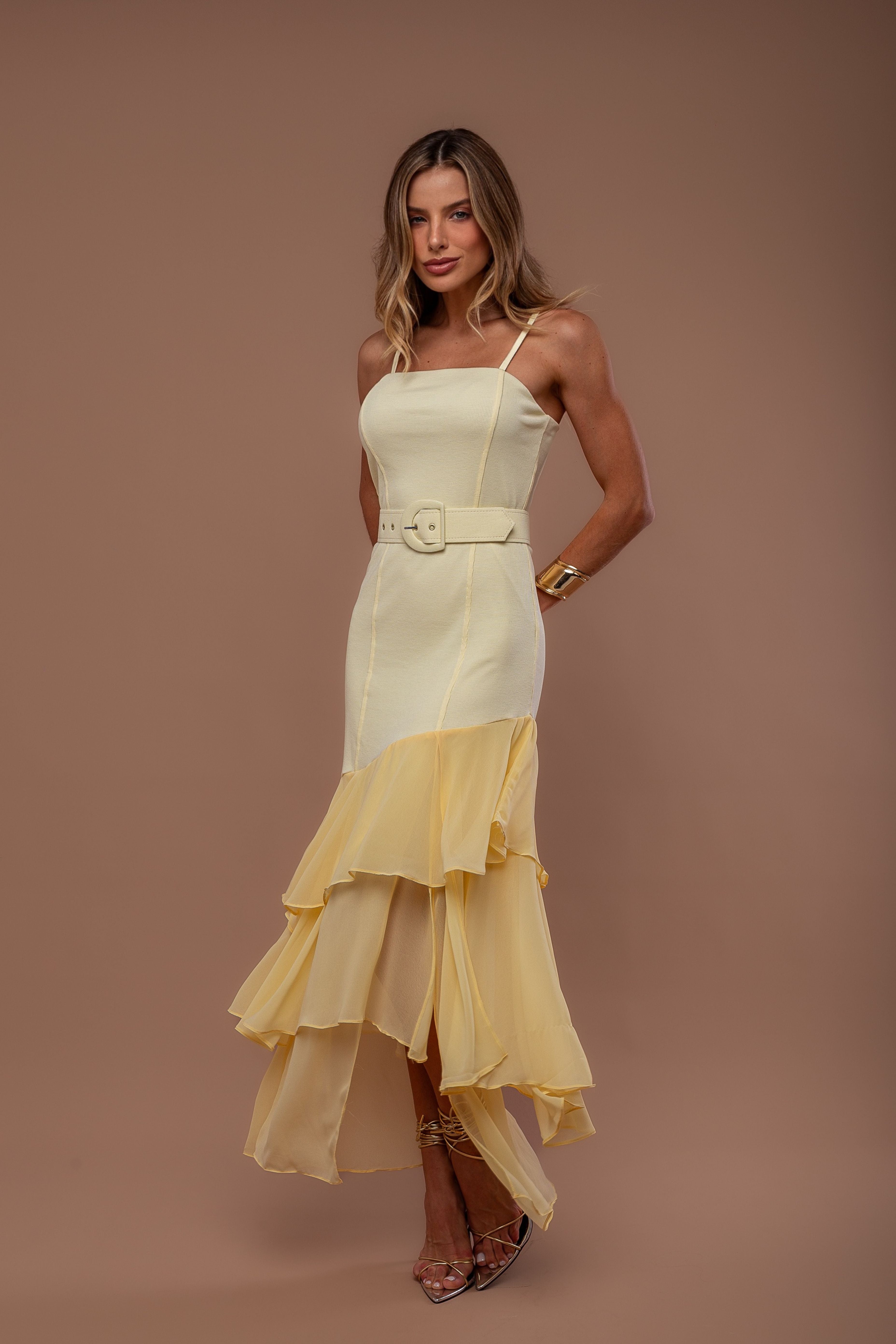 VESTIDO EM RIB E CHIFFON COM BABADOS