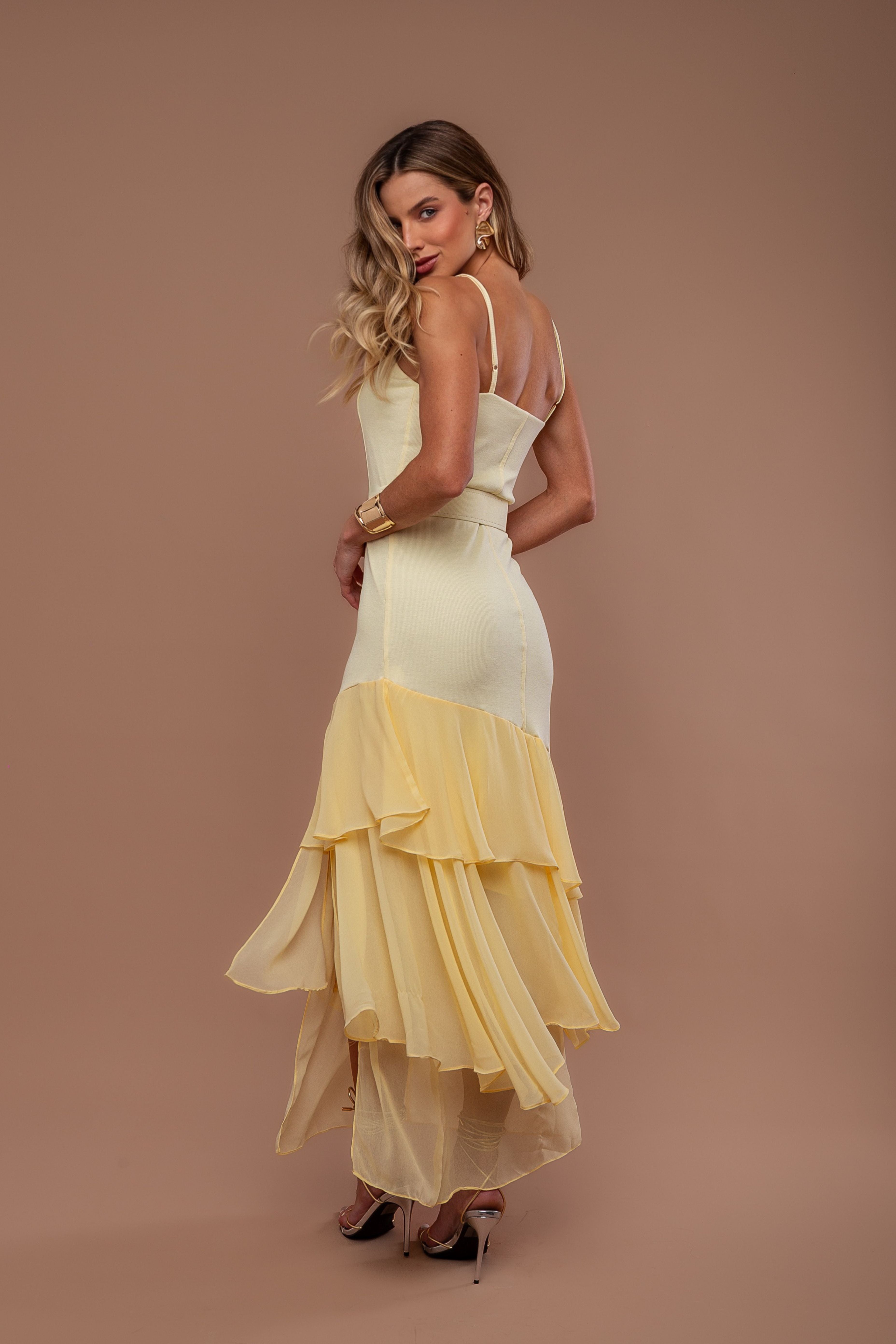 VESTIDO EM RIB E CHIFFON COM BABADOS