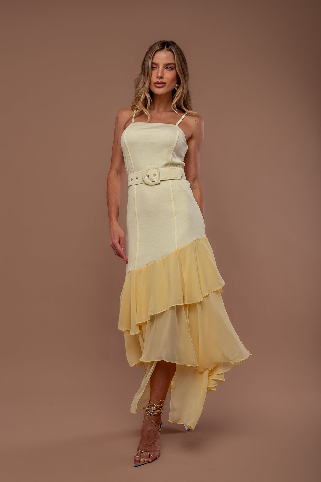 VESTIDO EM RIB E CHIFFON COM BABADOS