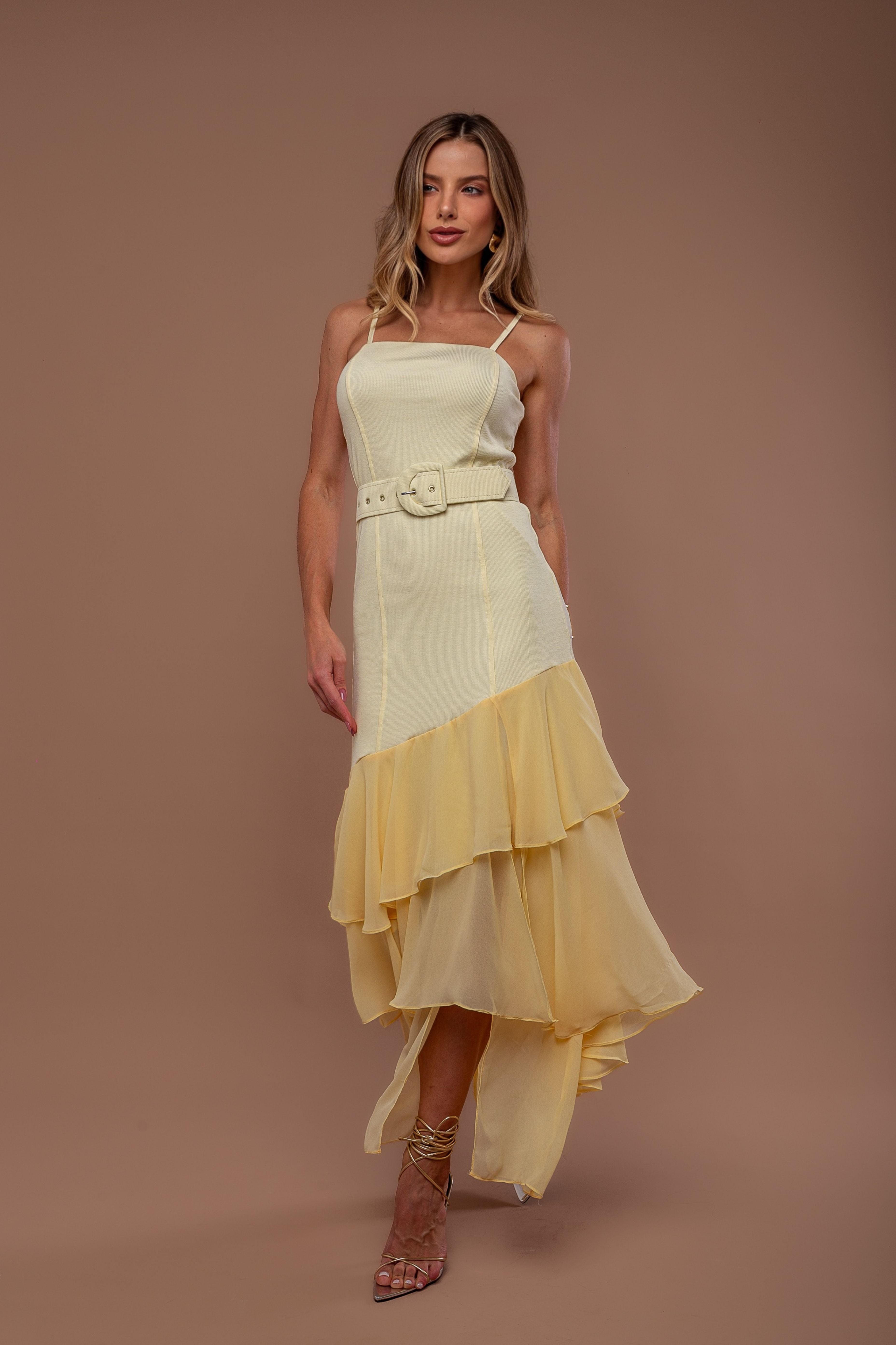 VESTIDO EM RIB E CHIFFON COM BABADOS