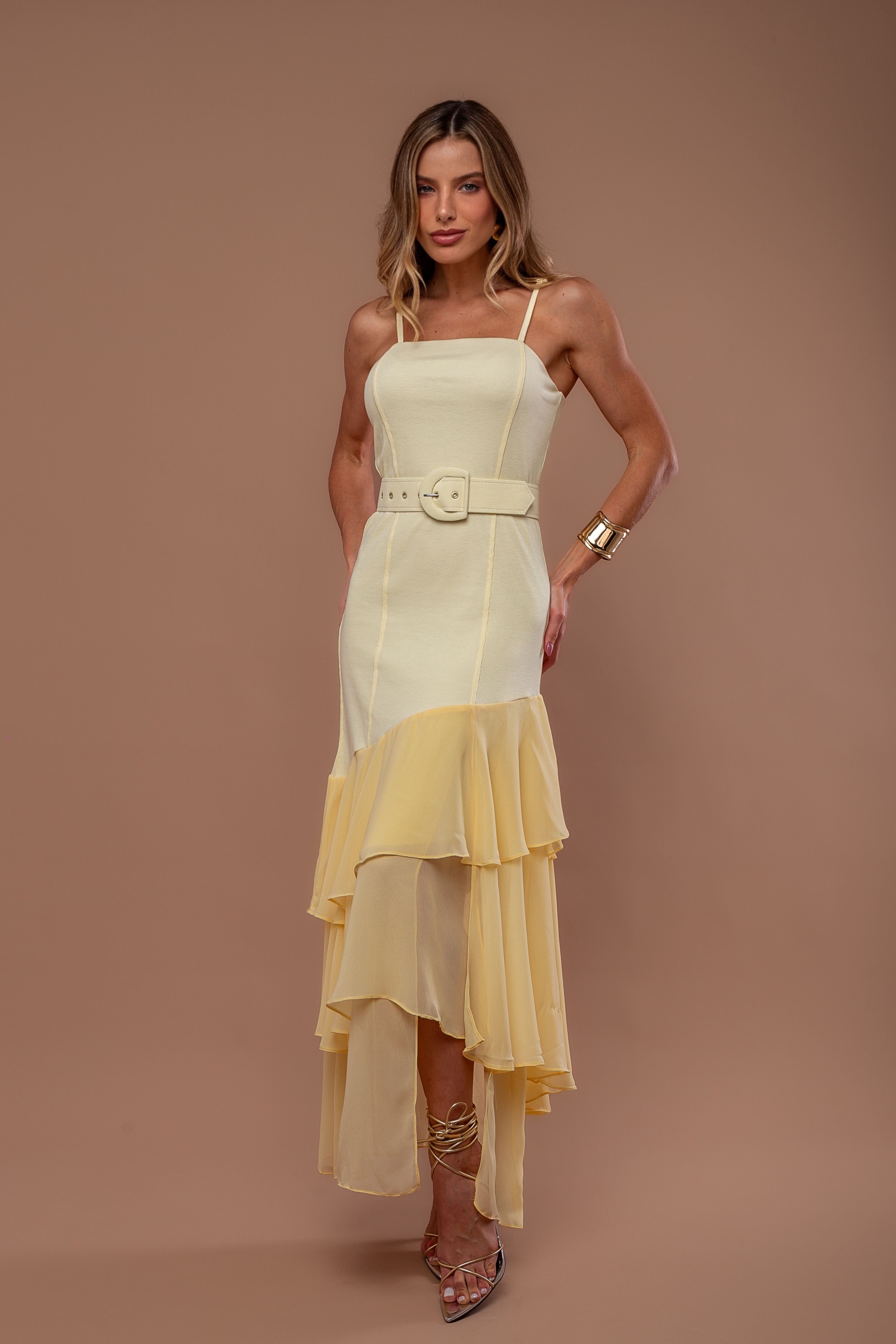 VESTIDO EM RIB E CHIFFON COM BABADOS