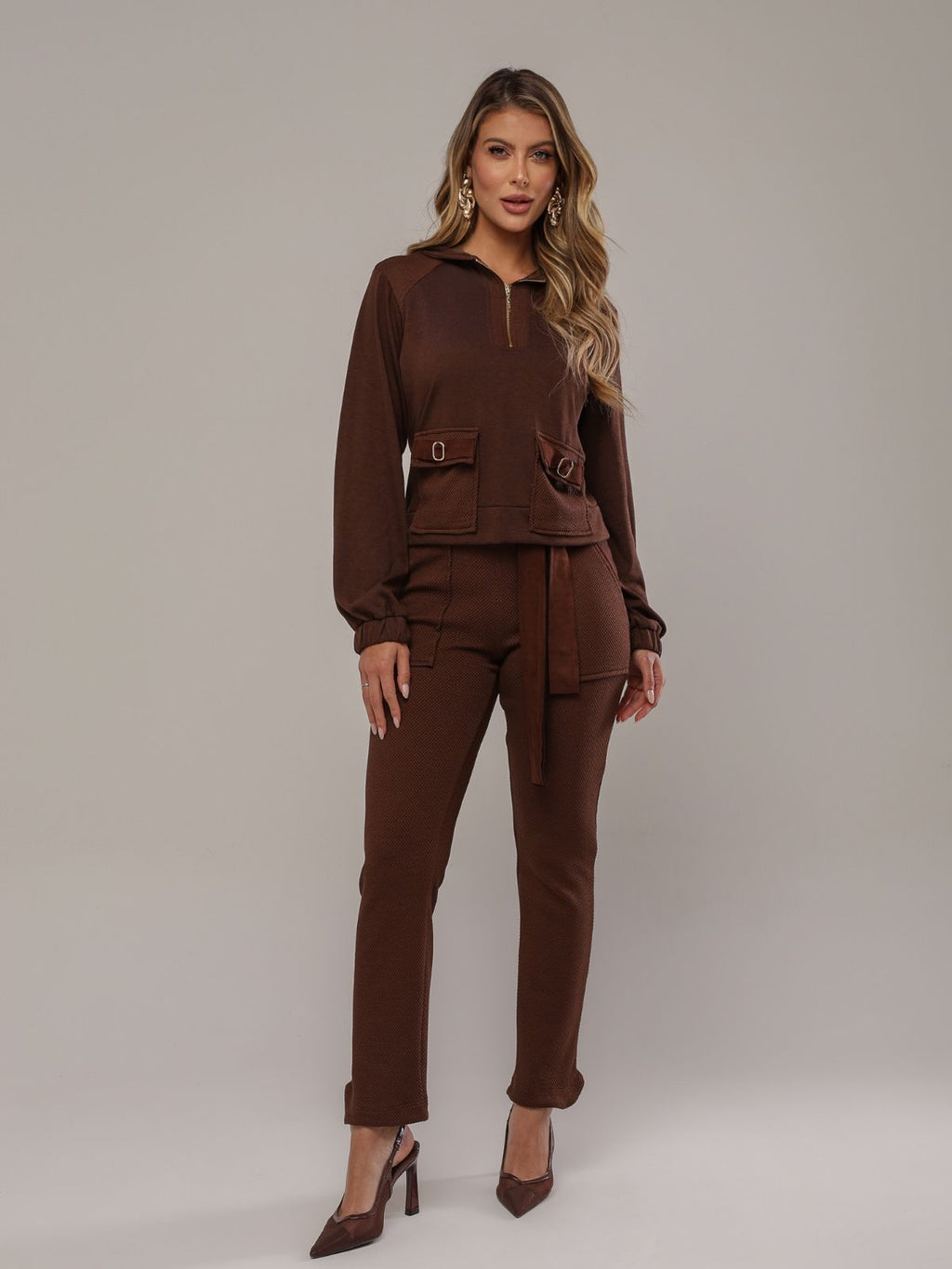 Kit Conjunto Feminino Tricot Blusão Capuz + Calça Skinny Piquet | Clubsoda