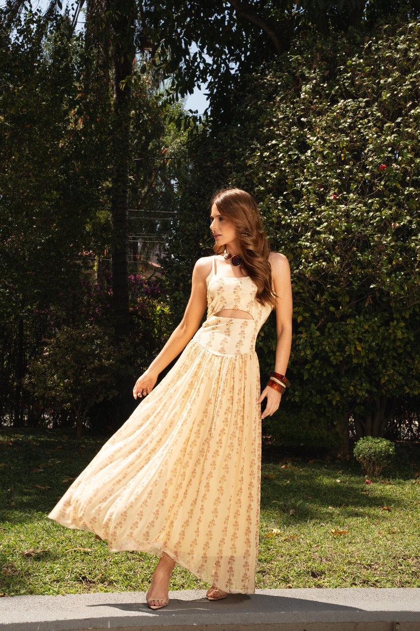 Vestido longo rib com tule estampado