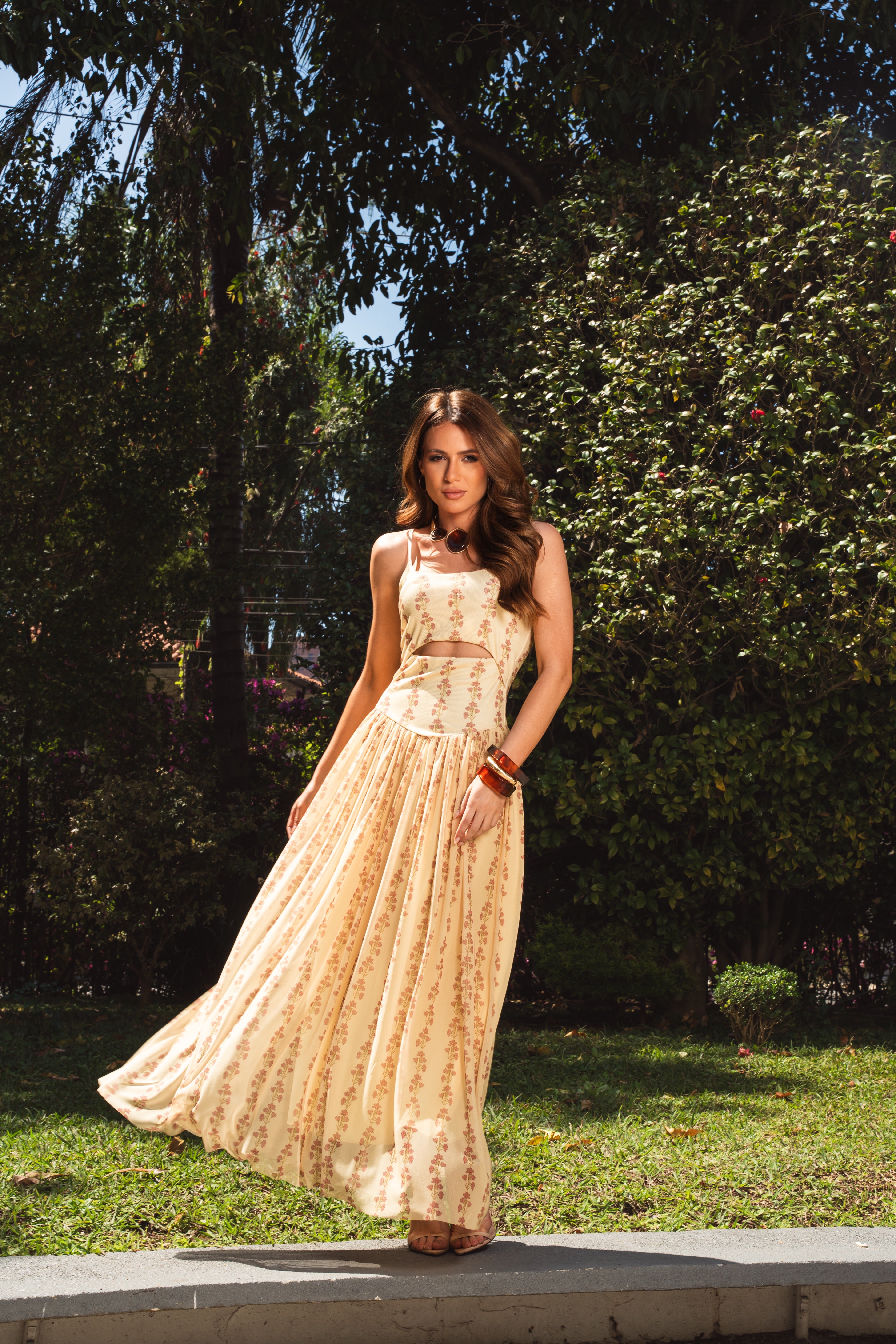 VESTIDO LONGO RIB COM TULE ESTAMPADO