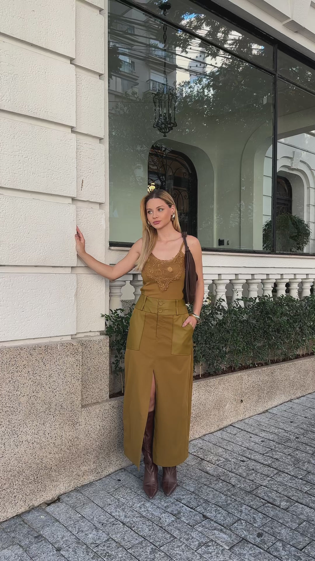 Saia Mídi Sarja Courino Zíper Frontal Azeite | Clubsoda